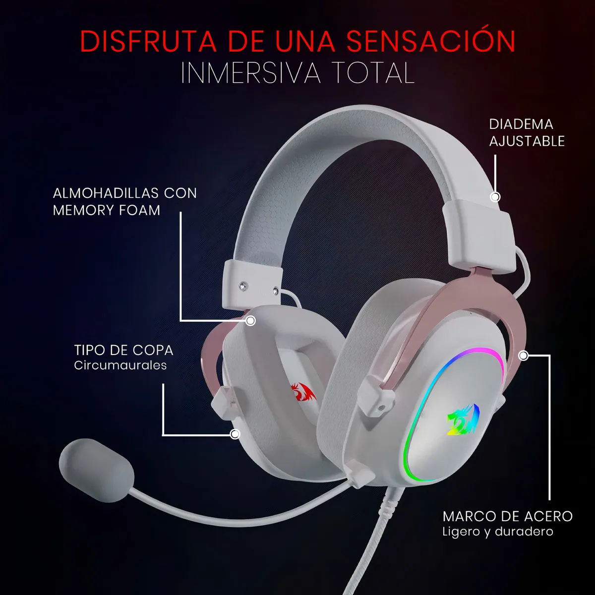 AURI REDRAGON GAMER ZEUS X H510 C/MIC. BLANCO H510W-RGB - Imagen 4